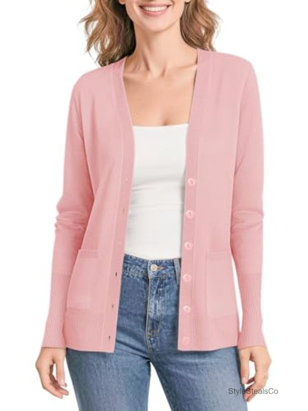 Lightweight Button Front V-Neck Knit Cardigan Sweater with Pockets